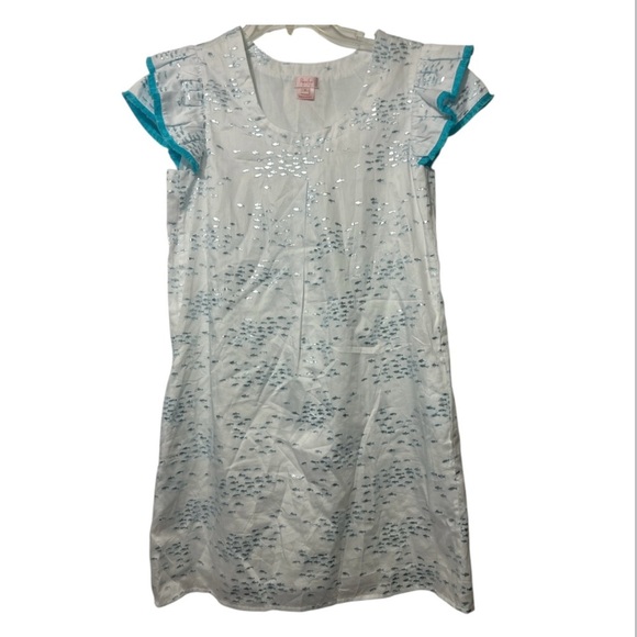 White and Blue Sheath Mini Dress with Flutter Cap Sleeves - Picture 1 of 10